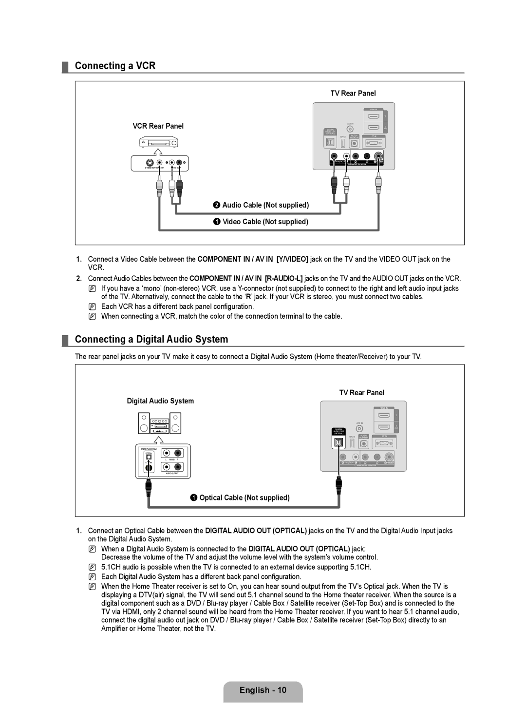 Samsung LN46B500, LN40B500 Connecting a VCR, Connecting a Digital Audio System, Amplifier or Home Theater, not the TV 