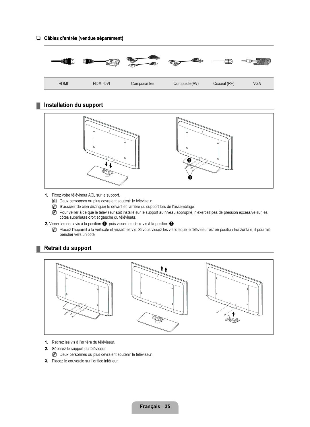 Samsung LN40B500, LN46B500 user manual Installation du support, Retrait du support, Câbles dentrée vendue séparément 