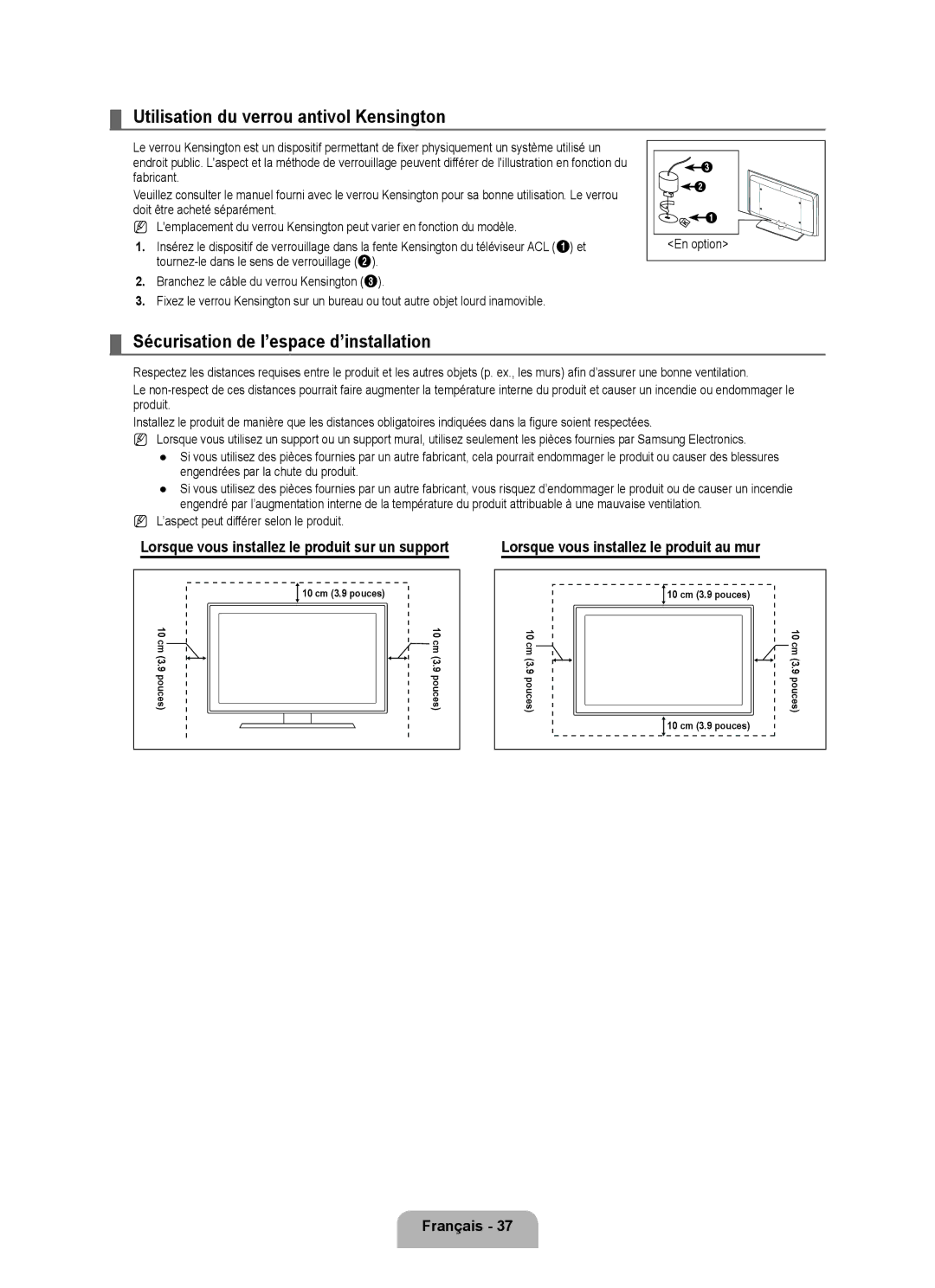 Samsung LN40B500, LN46B500 user manual Utilisation du verrou antivol Kensington, Sécurisation de l’espace d’installation 