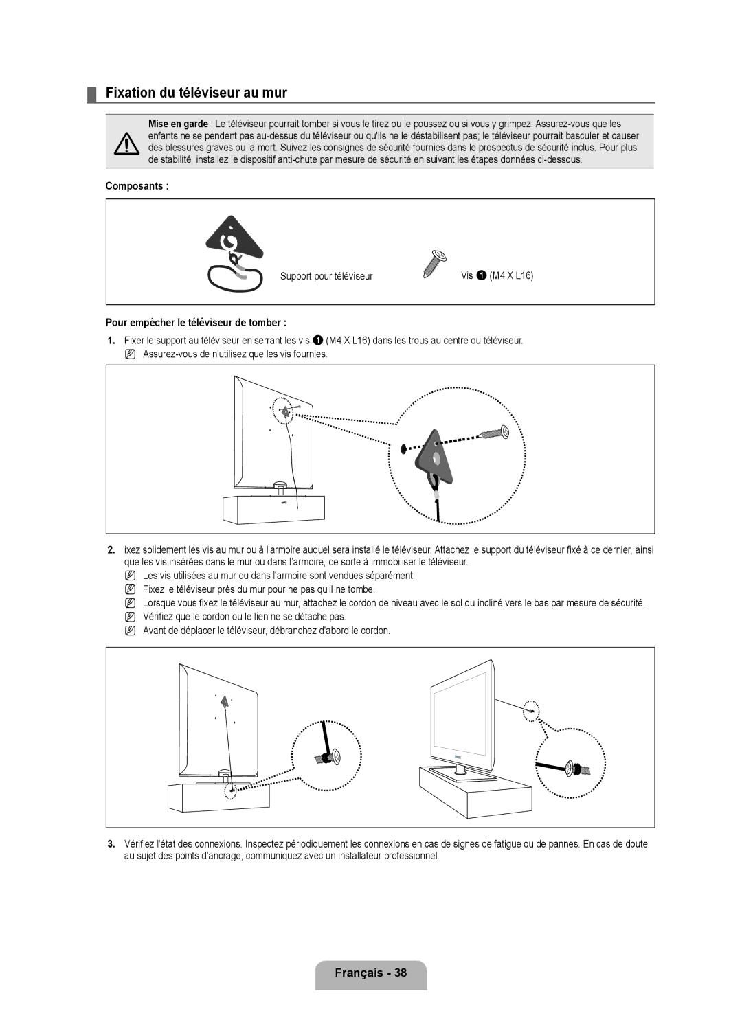 Samsung LN46B500, LN40B500 user manual Fixation du téléviseur au mur, Français 8,  Composants, Support pour téléviseur 