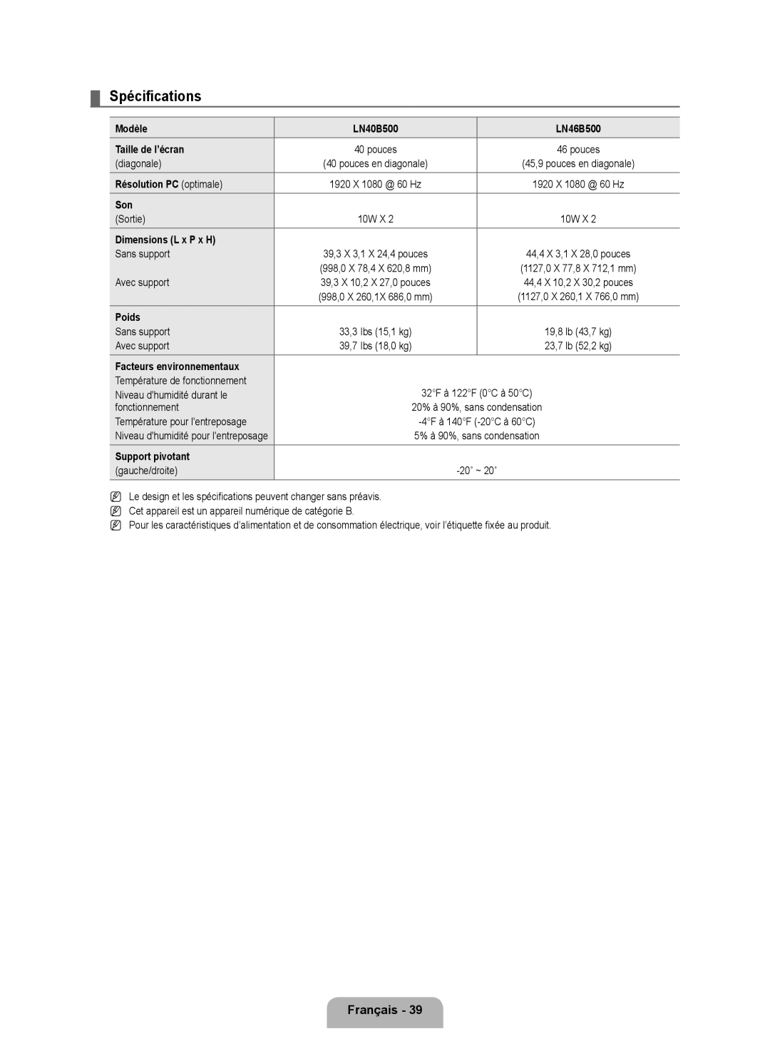 Samsung LN40B500, LN46B500 user manual Spécifications 