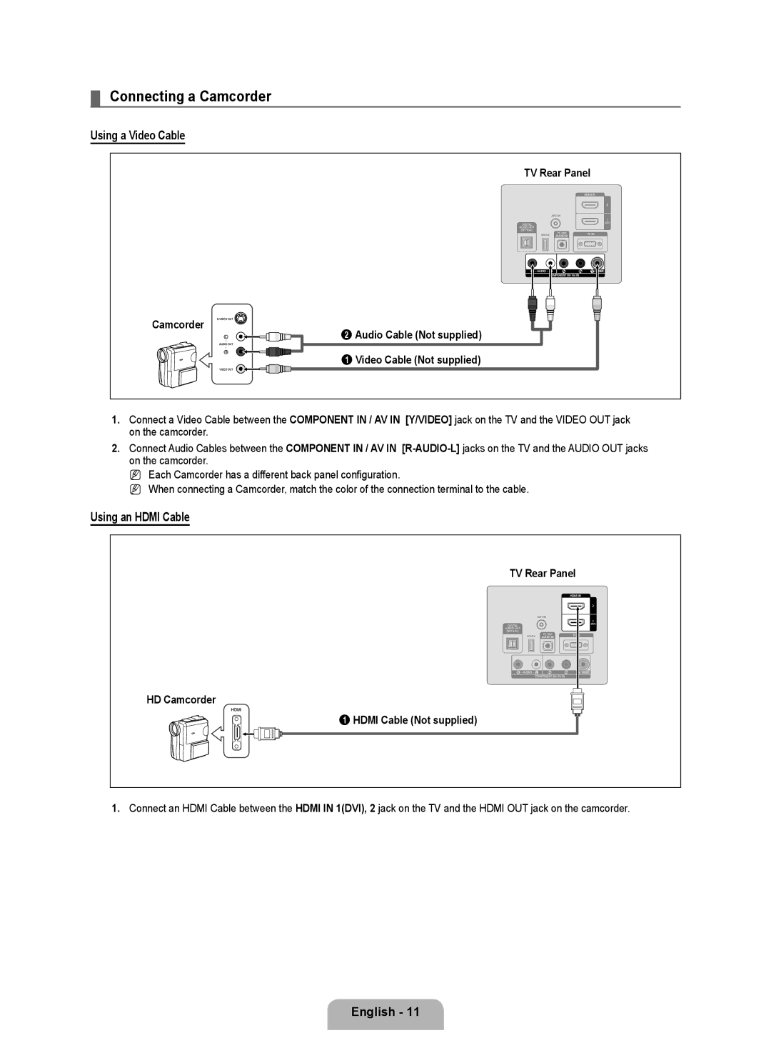 Samsung LN40B500, LN46B500 user manual Connecting a Camcorder, Using a Video Cable, Using an Hdmi Cable 