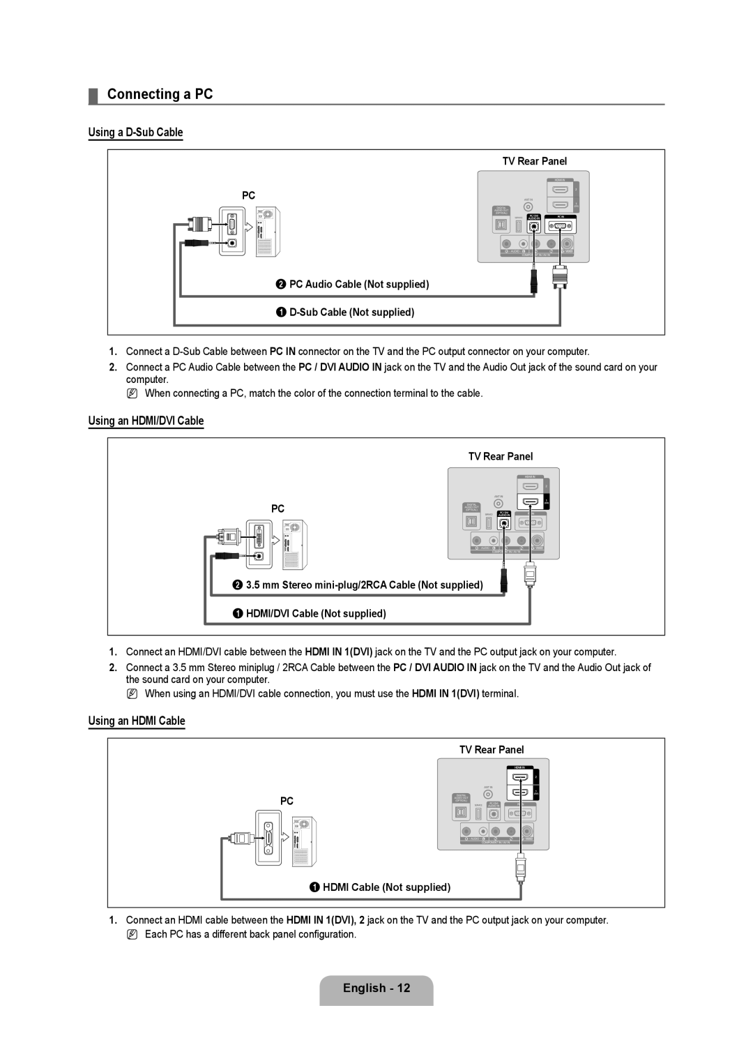 Samsung LN46B500 Connecting a PC, Using a D-Sub Cable, Using an HDMI/DVI Cable, TV Rear Panel Hdmi Cable Not supplied 