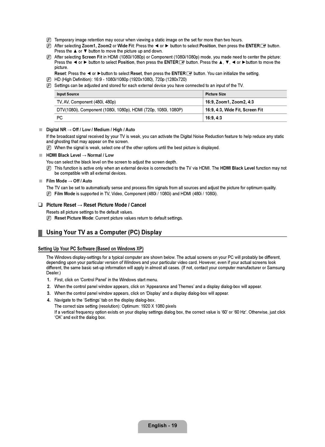 Samsung LN40B500, LN46B500 user manual Using Your TV as a Computer PC Display, Picture Reset → Reset Picture Mode / Cancel 