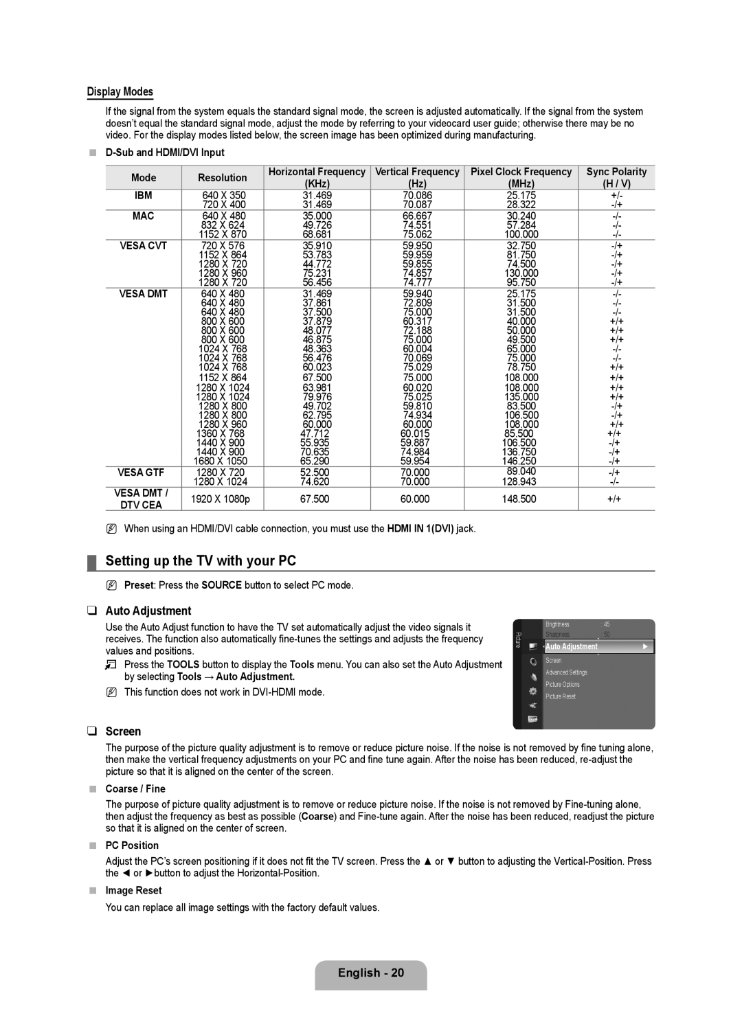 Samsung LN46B500, LN40B500 user manual Setting up the TV with your PC, Display Modes, Auto Adjustment, Screen 