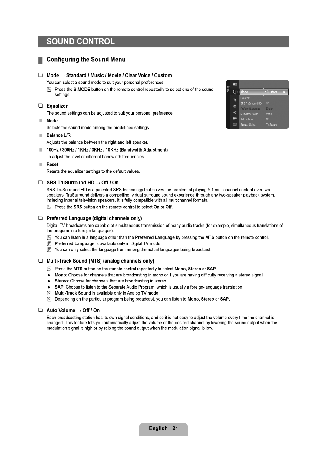 Samsung LN40B500, LN46B500 user manual Sound Control, Configuring the Sound Menu 