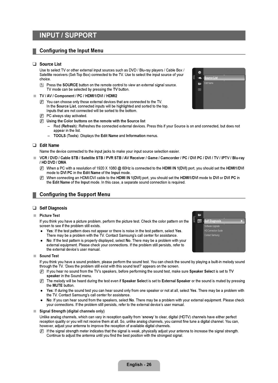 Samsung LN46B500, LN40B500 user manual Input / Support, Configuring the Input Menu, Configuring the Support Menu 