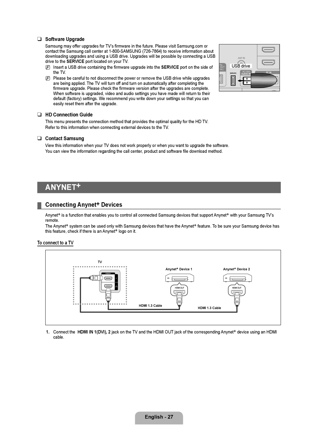 Samsung LN40B500 Connecting Anynet+ Devices, Software Upgrade, HD Connection Guide, Contact Samsung, To connect to a TV 