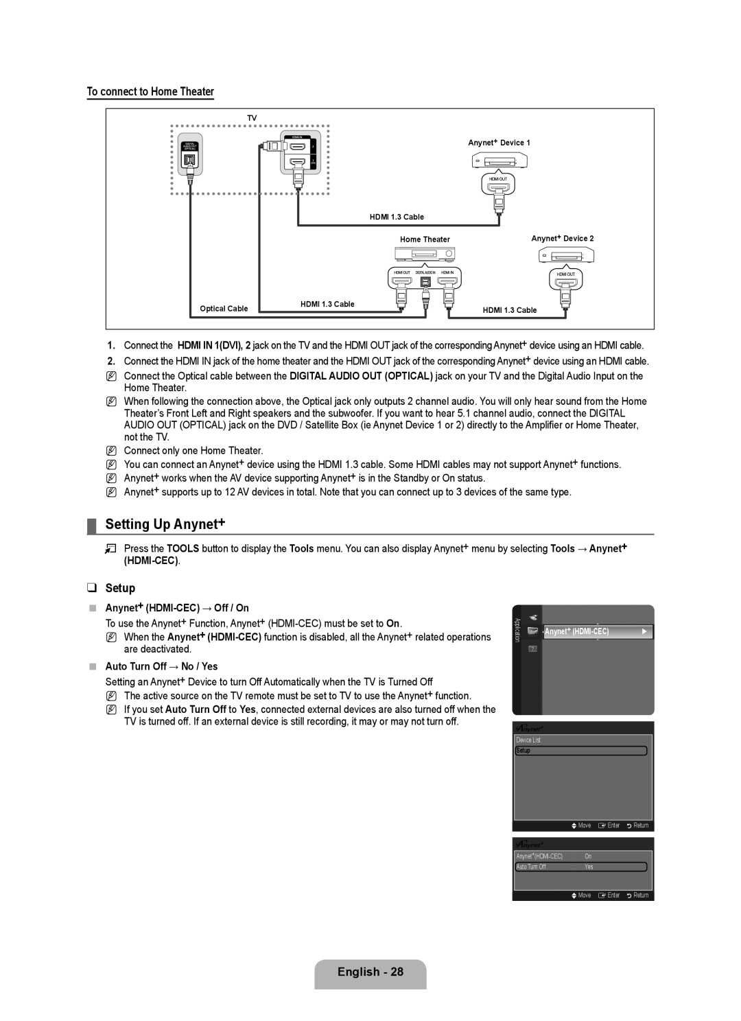 Samsung LN46B500, LN40B500 user manual Setting Up Anynet+, To connect to Home Theater, Setup,  Anynet+ HDMI-CEC → Off / On 