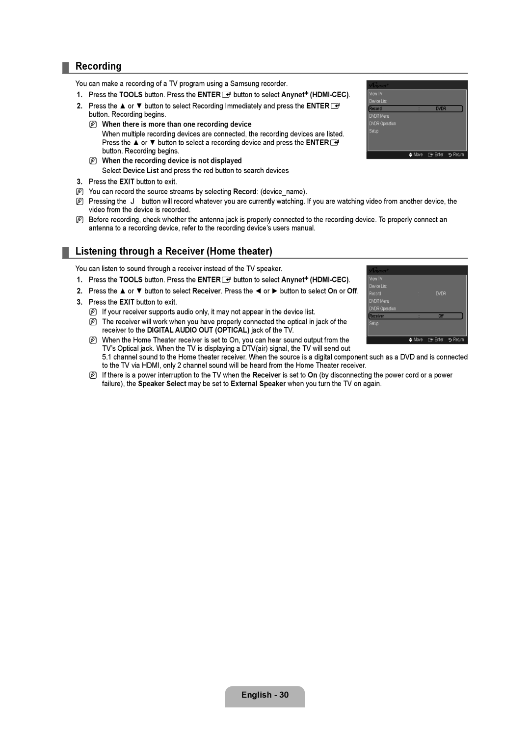 Samsung LN46B500 Recording, Listening through a Receiver Home theater, When there is more than one recording device 