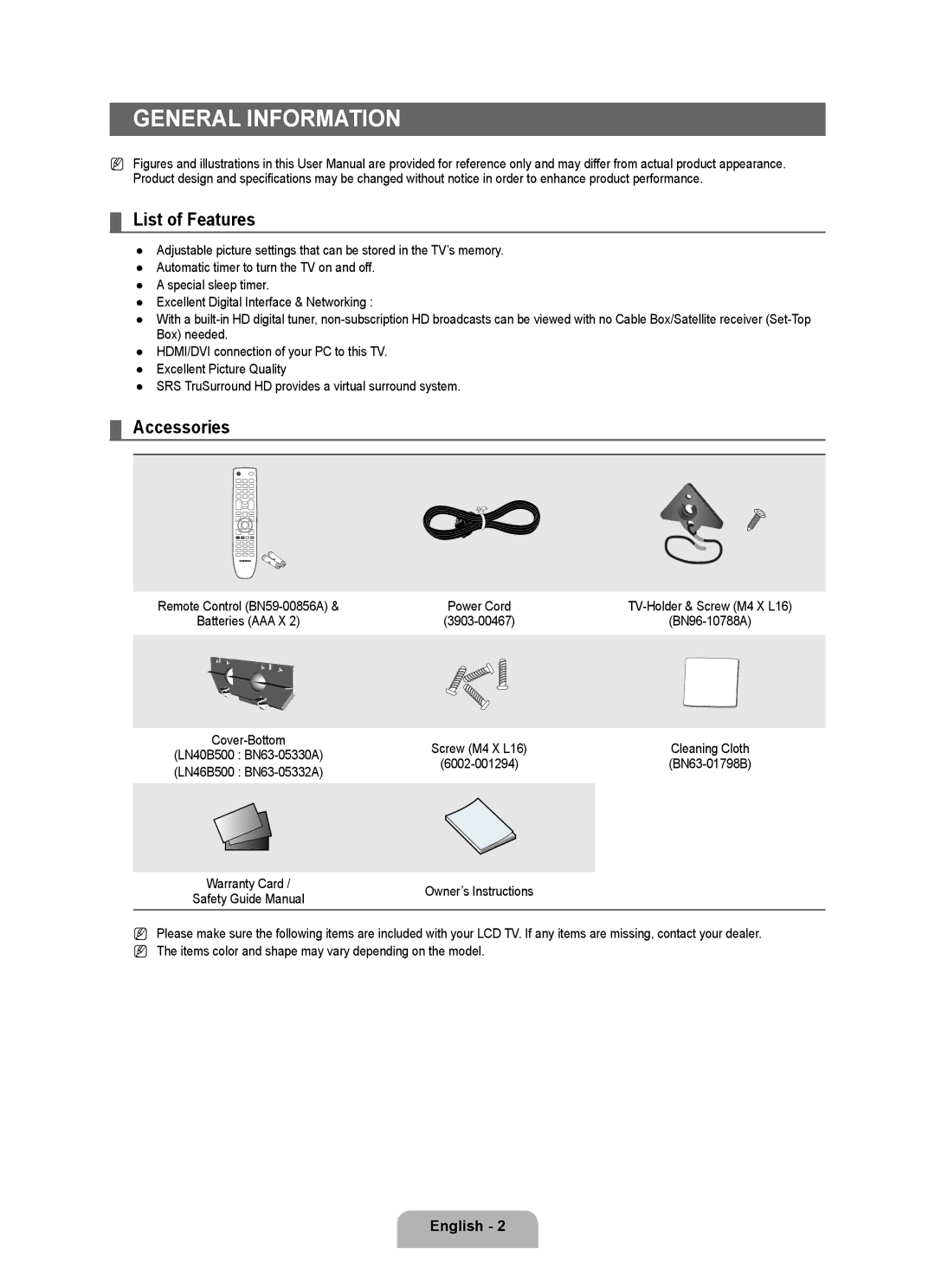 Samsung LN46B500, LN40B500 user manual General Information, List of Features, Accessories 