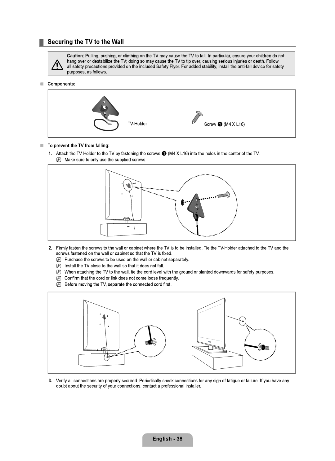 Samsung LN46B500 Securing the TV to the Wall, English 8,  Components, TV-Holder,  To prevent the TV from falling 