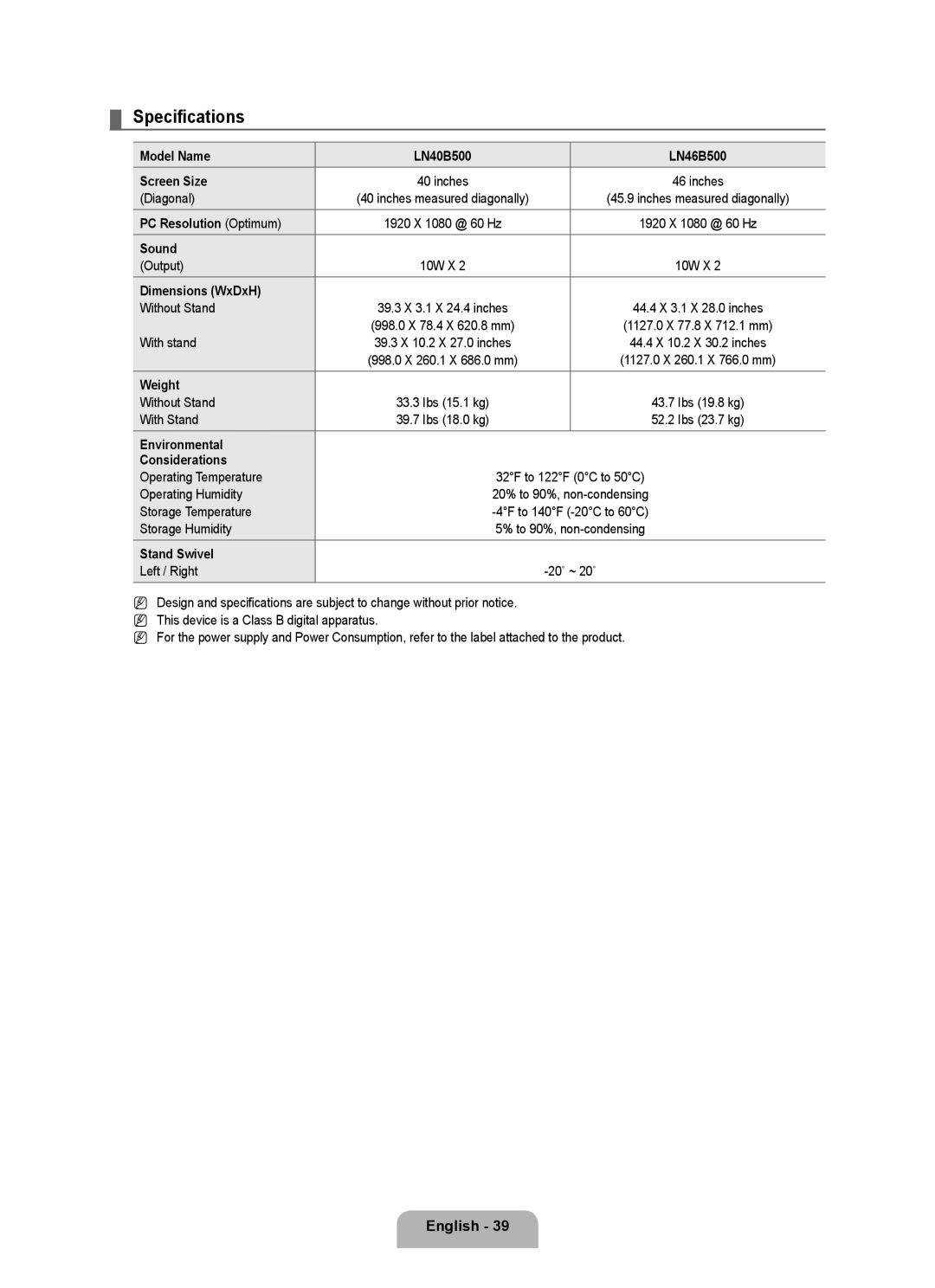 Samsung LN40B500, LN46B500 user manual Specifications 