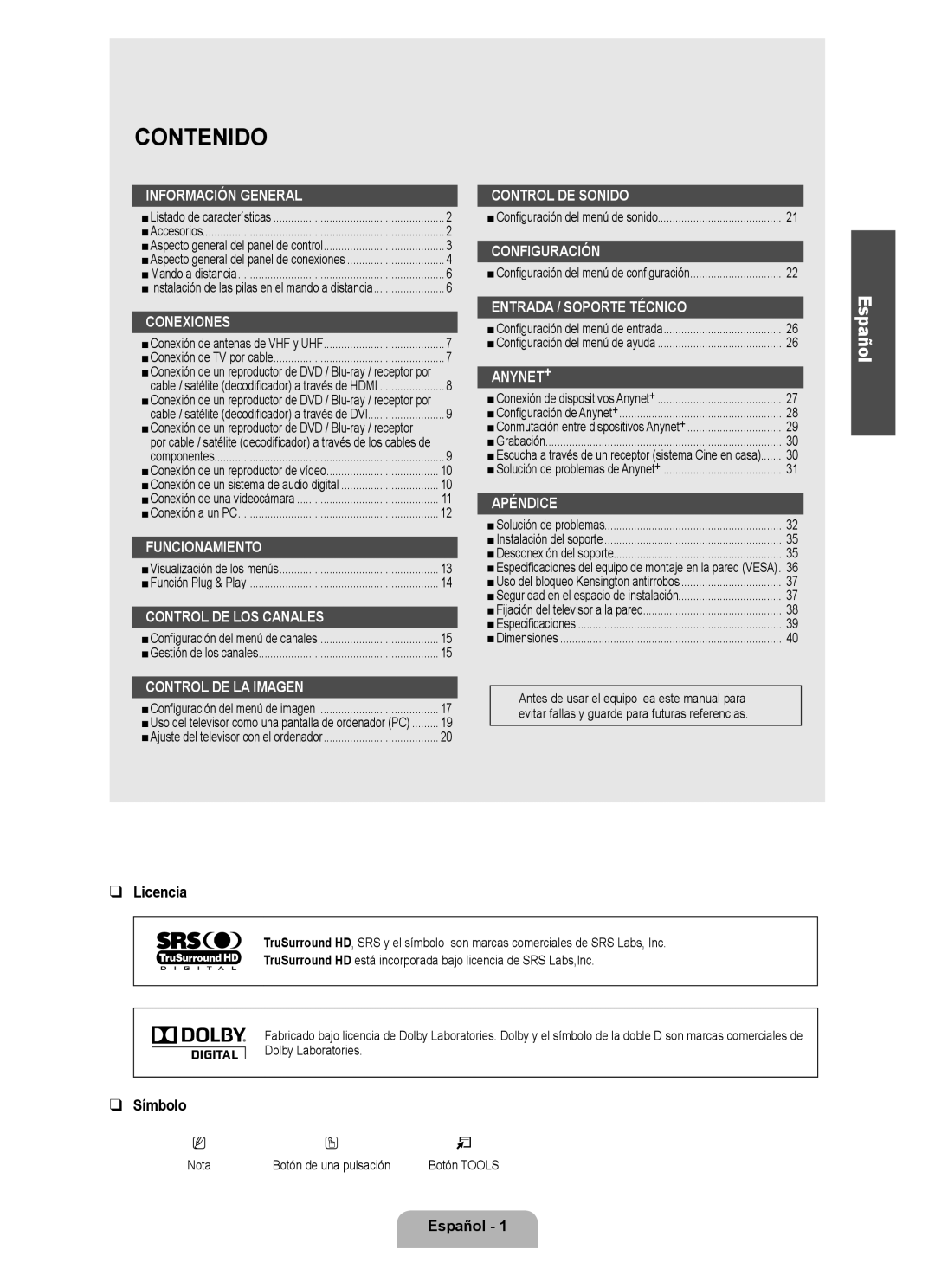 Samsung LN40B500, LN46B500 user manual Licencia, Símbolo, Español 