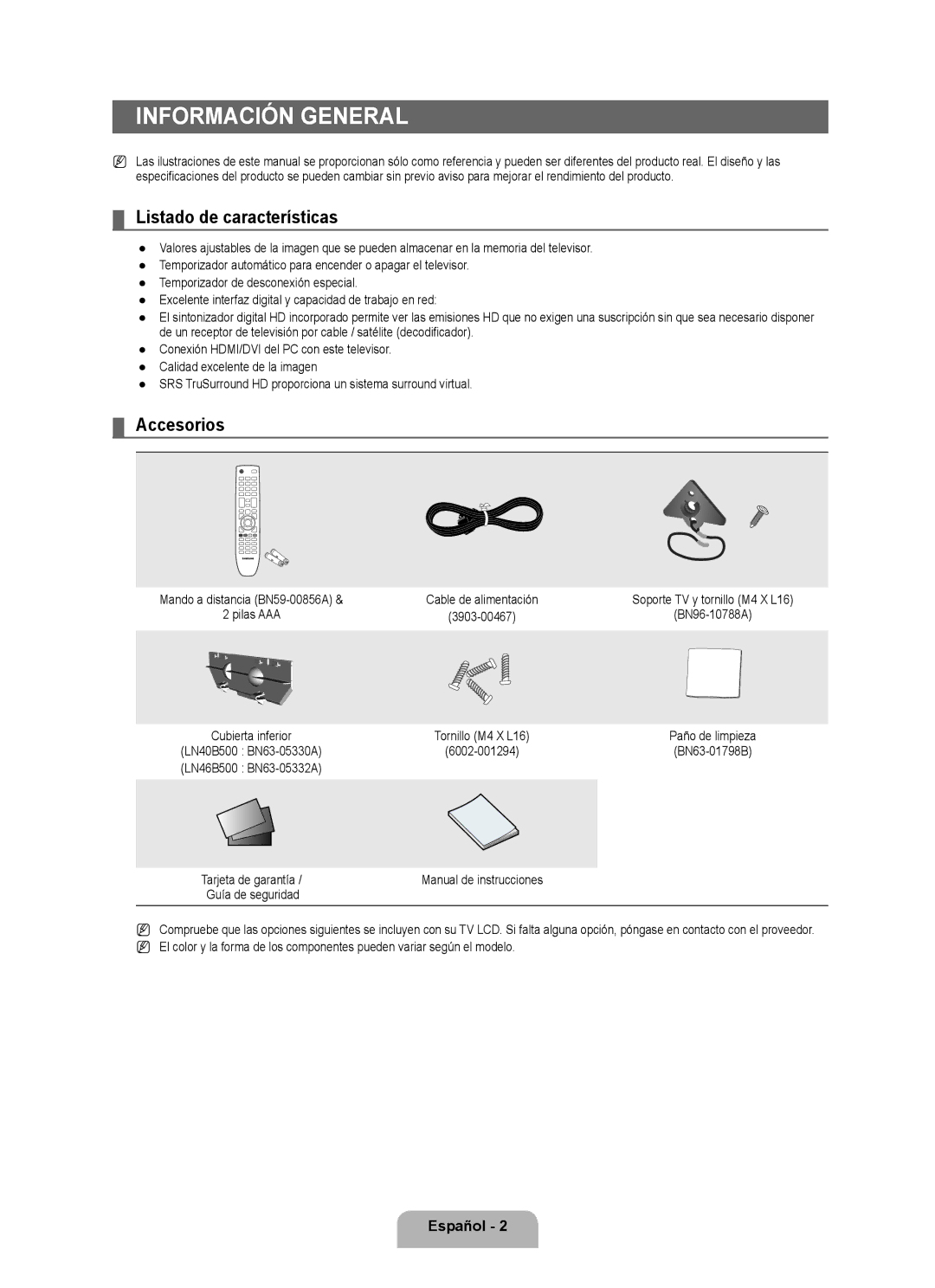 Samsung LN46B500, LN40B500 user manual Información General, Listado de características, Accesorios, Manual de instrucciones 