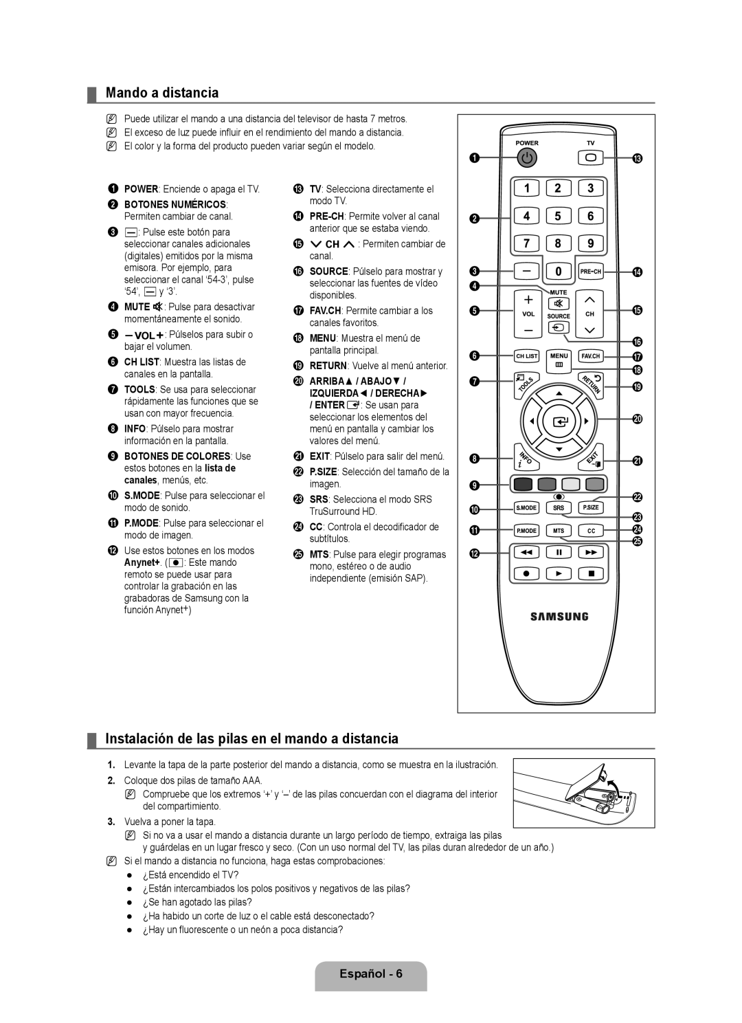 Samsung LN46B500 Mando a distancia, Instalación de las pilas en el mando a distancia, Arriba / Abajo Izquierda / Derecha 