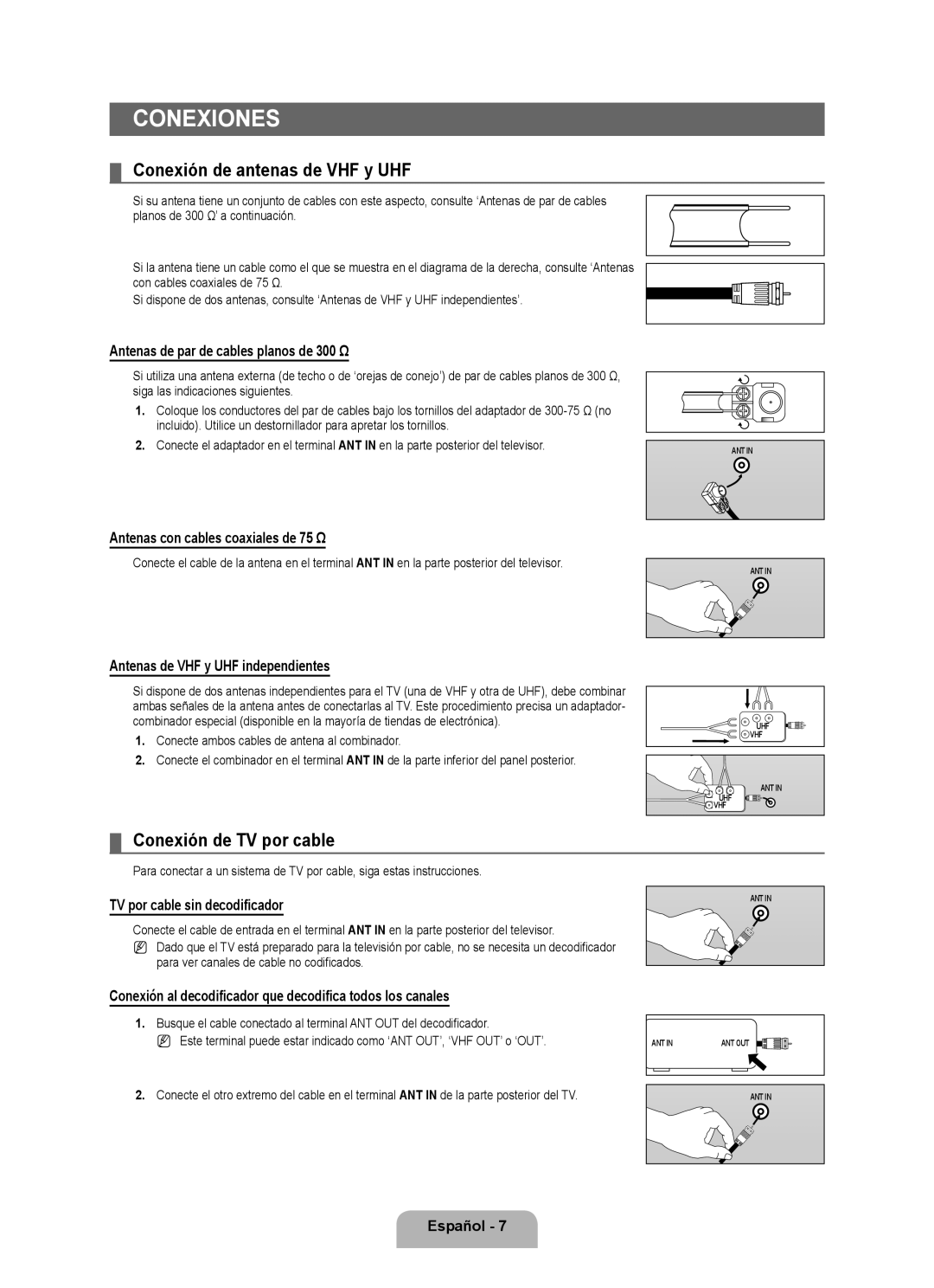 Samsung LN40B500, LN46B500 user manual Conexiones, Conexión de antenas de VHF y UHF, Conexión de TV por cable 