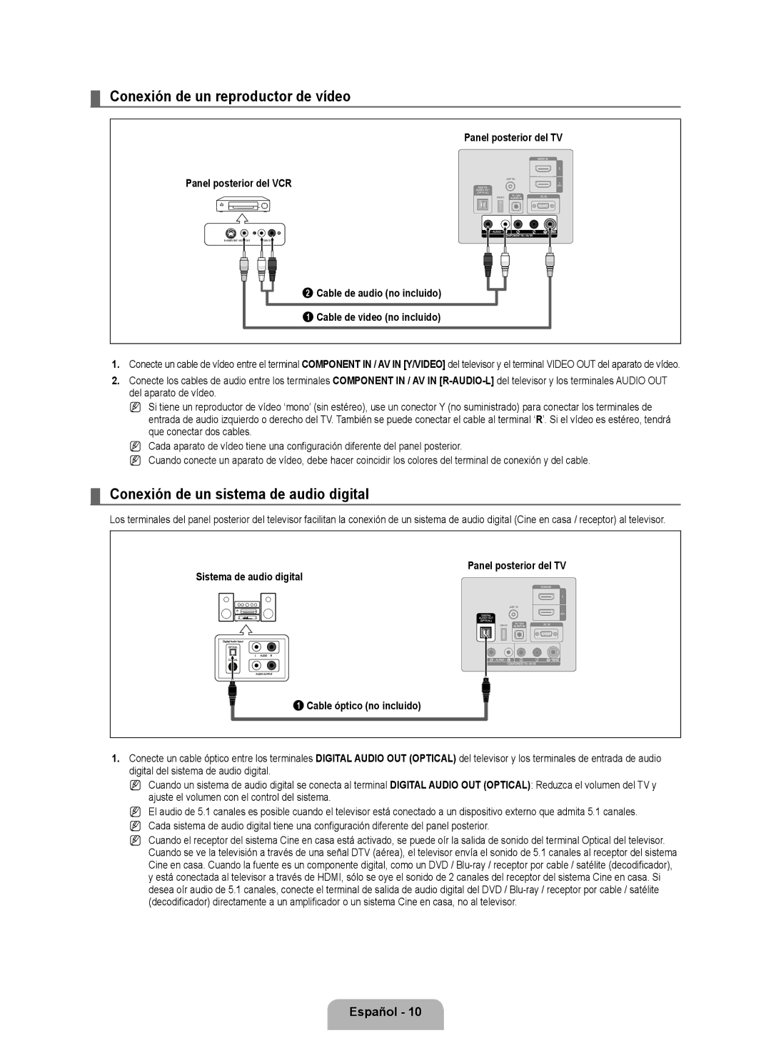 Samsung LN46B500, LN40B500 user manual Conexión de un reproductor de vídeo, Conexión de un sistema de audio digital 