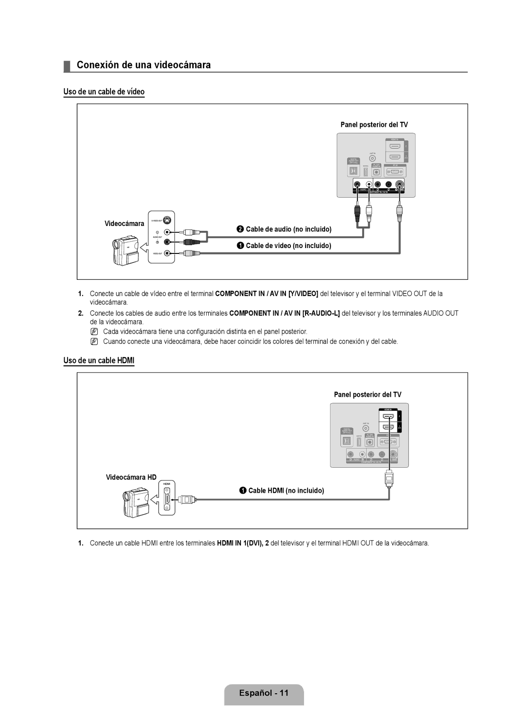 Samsung LN40B500, LN46B500 user manual Conexión de una videocámara, Uso de un cable de vídeo, Uso de un cable Hdmi 