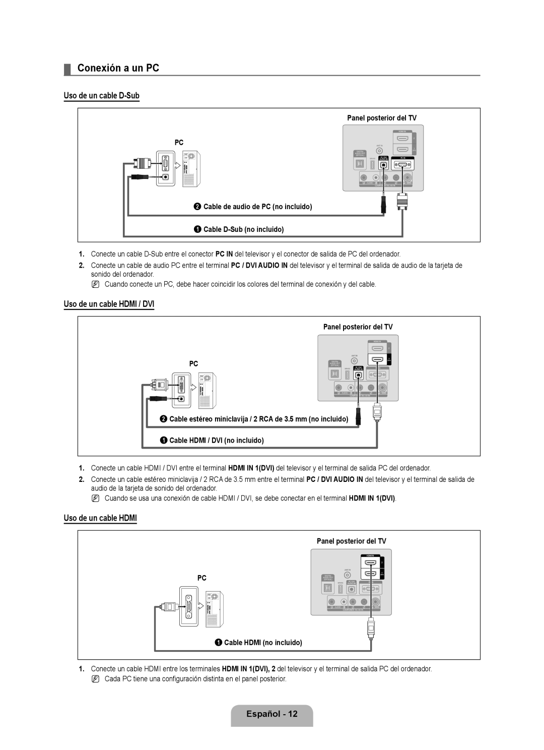 Samsung LN46B500, LN40B500 user manual Conexión a un PC, Uso de un cable D-Sub, Uso de un cable Hdmi / DVI 