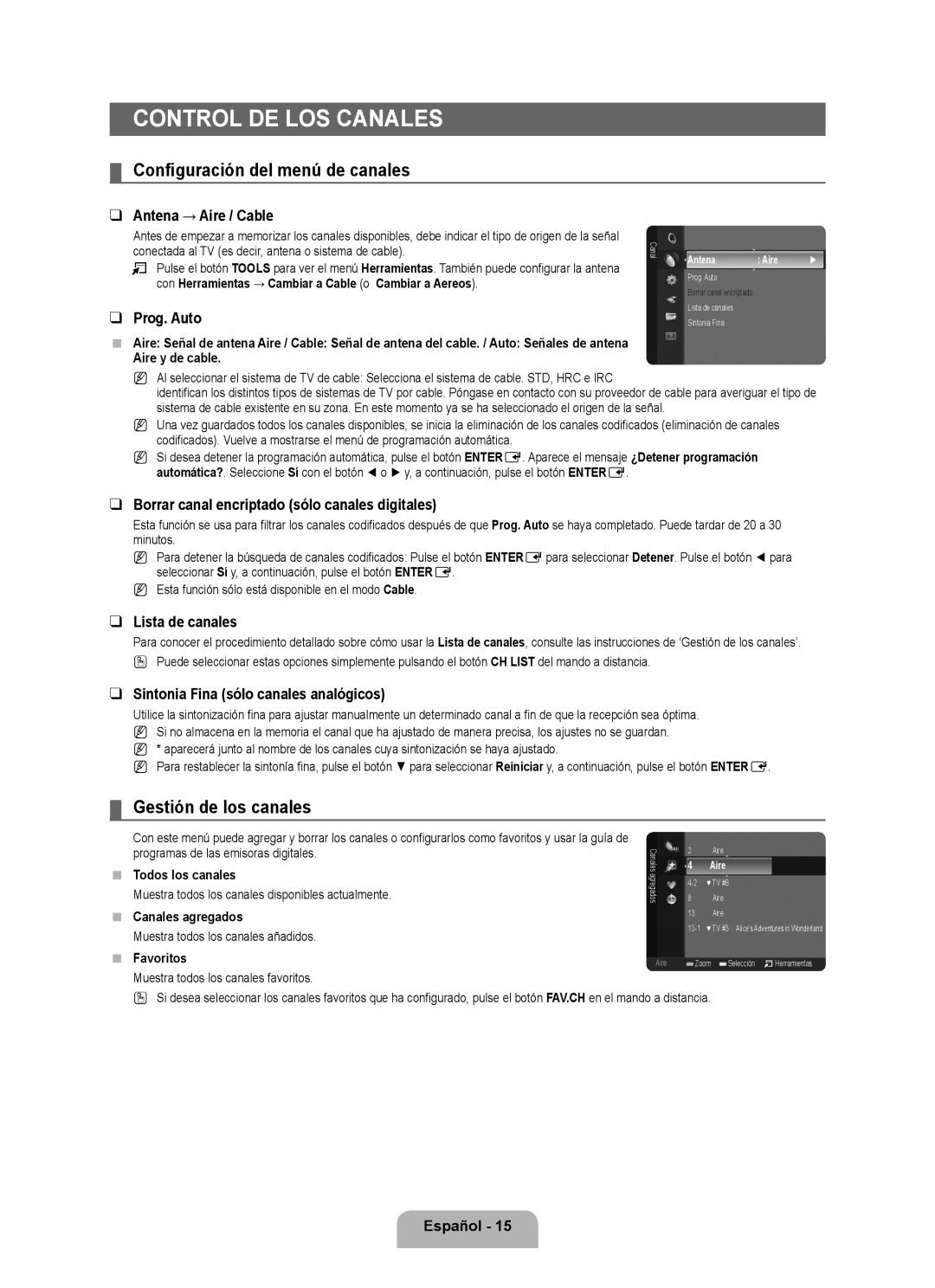 Samsung LN40B500, LN46B500 user manual Control de los canales, Configuración del menú de canales, Gestión de los canales 