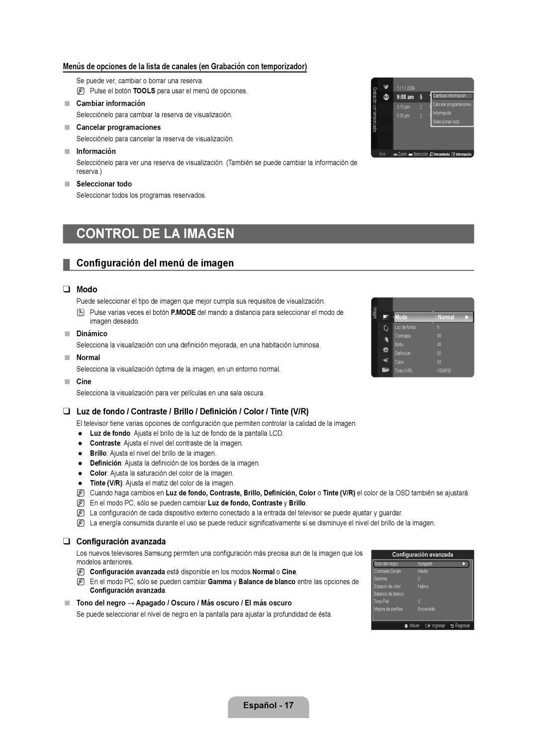 Samsung LN40B500, LN46B500 user manual Control de la imagen, Configuración del menú de imagen, Modo, Configuración avanzada 