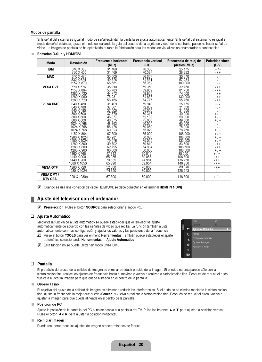 Samsung LN46B500, LN40B500 user manual Ajuste del televisor con el ordenador, Modos de pantalla, Ajuste Automático, Pantalla 