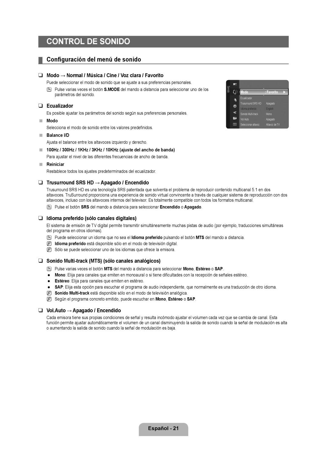 Samsung LN40B500, LN46B500 user manual Control de sonido, Configuración del menú de sonido 