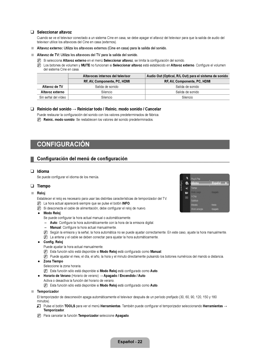 Samsung LN46B500, LN40B500 user manual Configuración del menú de configuración, Seleccionar altavoz, Idioma, Tiempo 