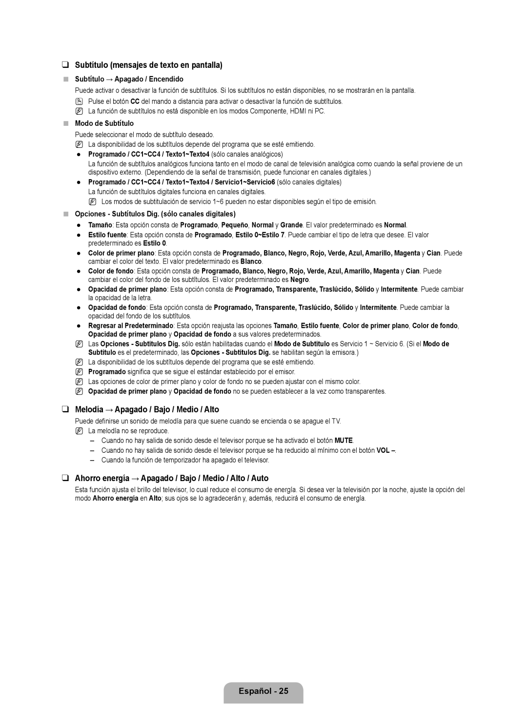 Samsung LN40B500, LN46B500 user manual Subtítulo mensajes de texto en pantalla, Melodía → Apagado / Bajo / Medio / Alto 