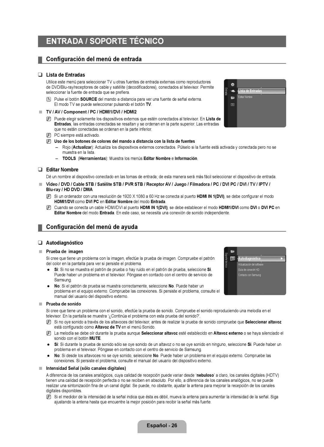 Samsung LN46B500, LN40B500 Entrada / Soporte técnico, Configuración del menú de entrada, Configuración del menú de ayuda 