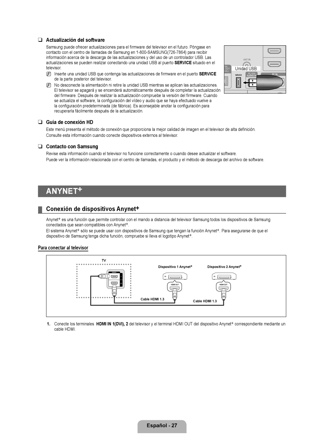 Samsung LN40B500 Conexión de dispositivos Anynet+, Actualización del software, Guía de conexión HD, Contacto con Samsung 