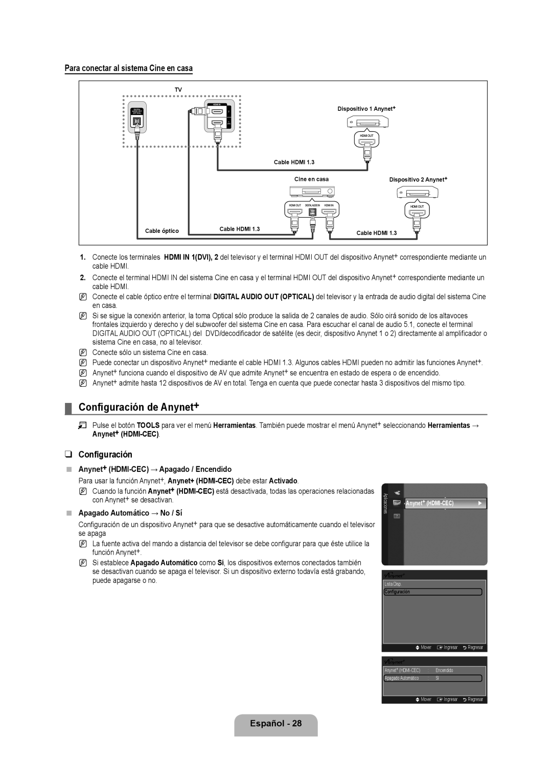 Samsung LN46B500, LN40B500 user manual Configuración de Anynet+, Para conectar al sistema Cine en casa 