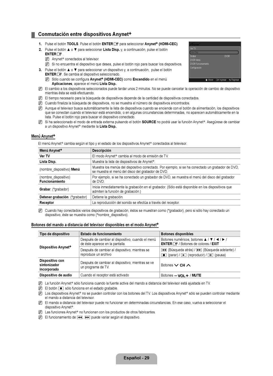 Samsung LN40B500, LN46B500 user manual Conmutación entre dispositivos Anynet+, Menú Anynet+ 