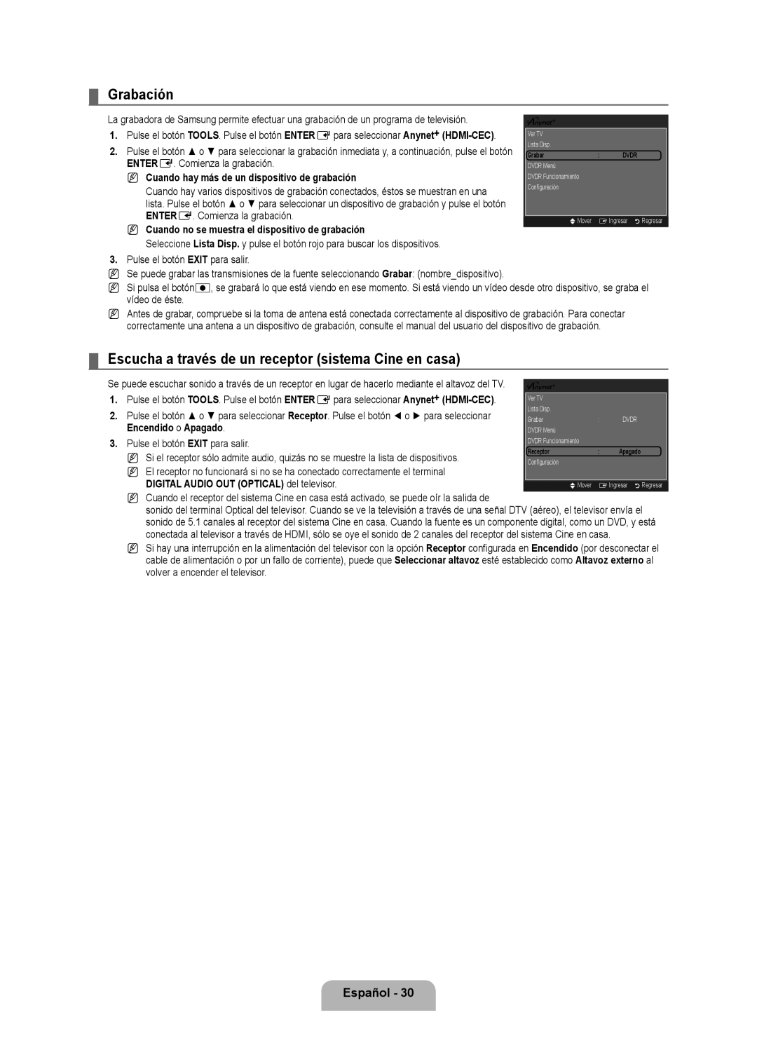 Samsung LN46B500, LN40B500 user manual Grabación, Escucha a través de un receptor sistema Cine en casa 