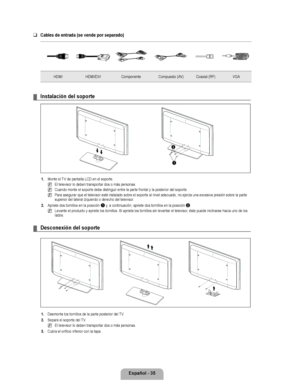 Samsung LN40B500, LN46B500 Instalación del soporte, Desconexión del soporte, Cables de entrada se vende por separado 