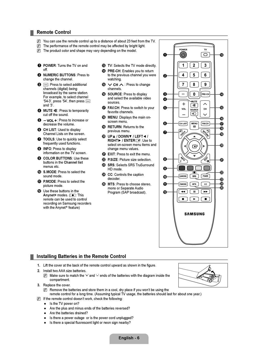 Samsung LN46B500, LN40B500 Installing Batteries in the Remote Control, Numeric Buttons Press to change the channel 