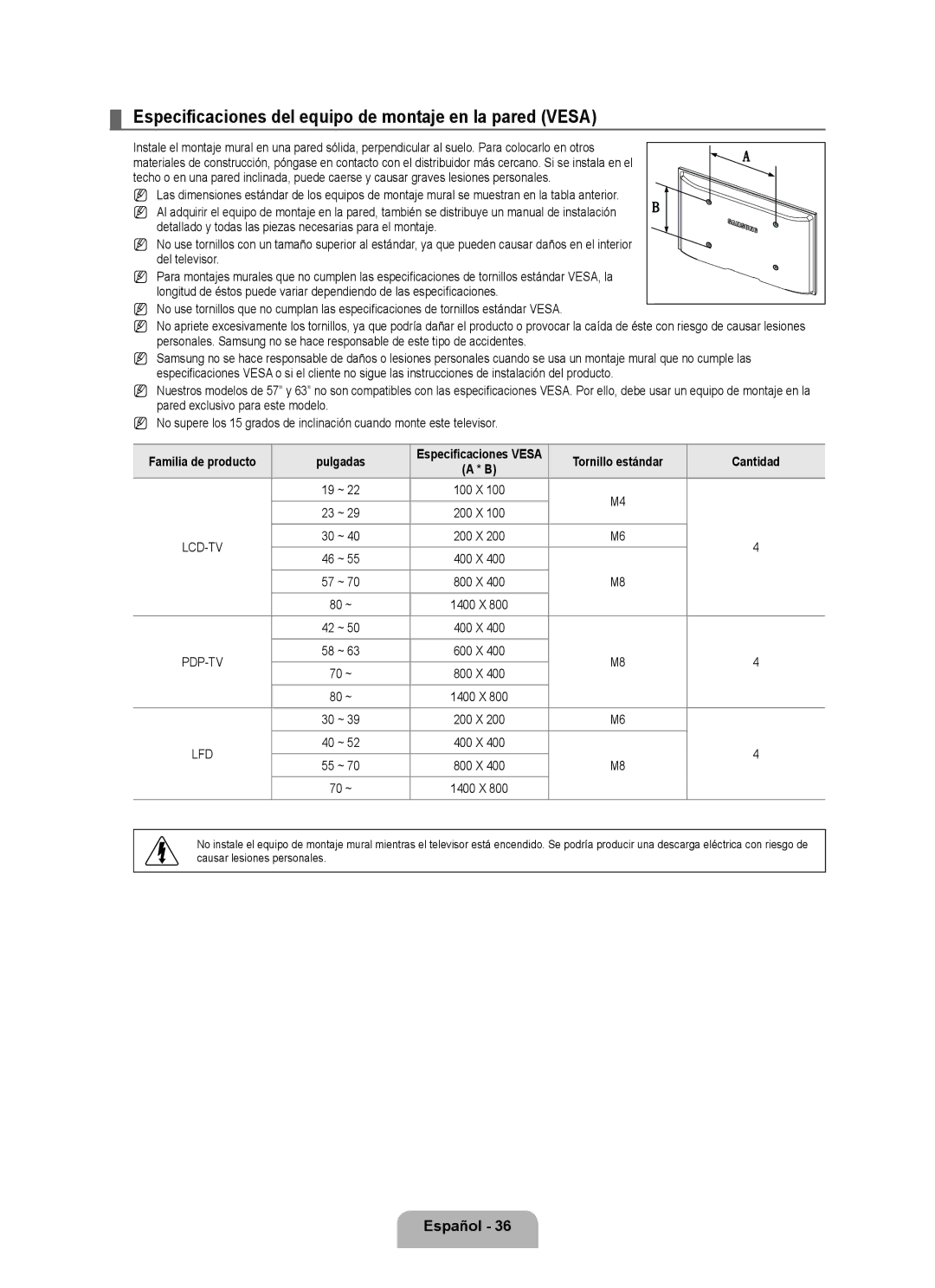 Samsung LN46B500, LN40B500 user manual Especificaciones del equipo de montaje en la pared Vesa, Pulgadas, Cantidad 