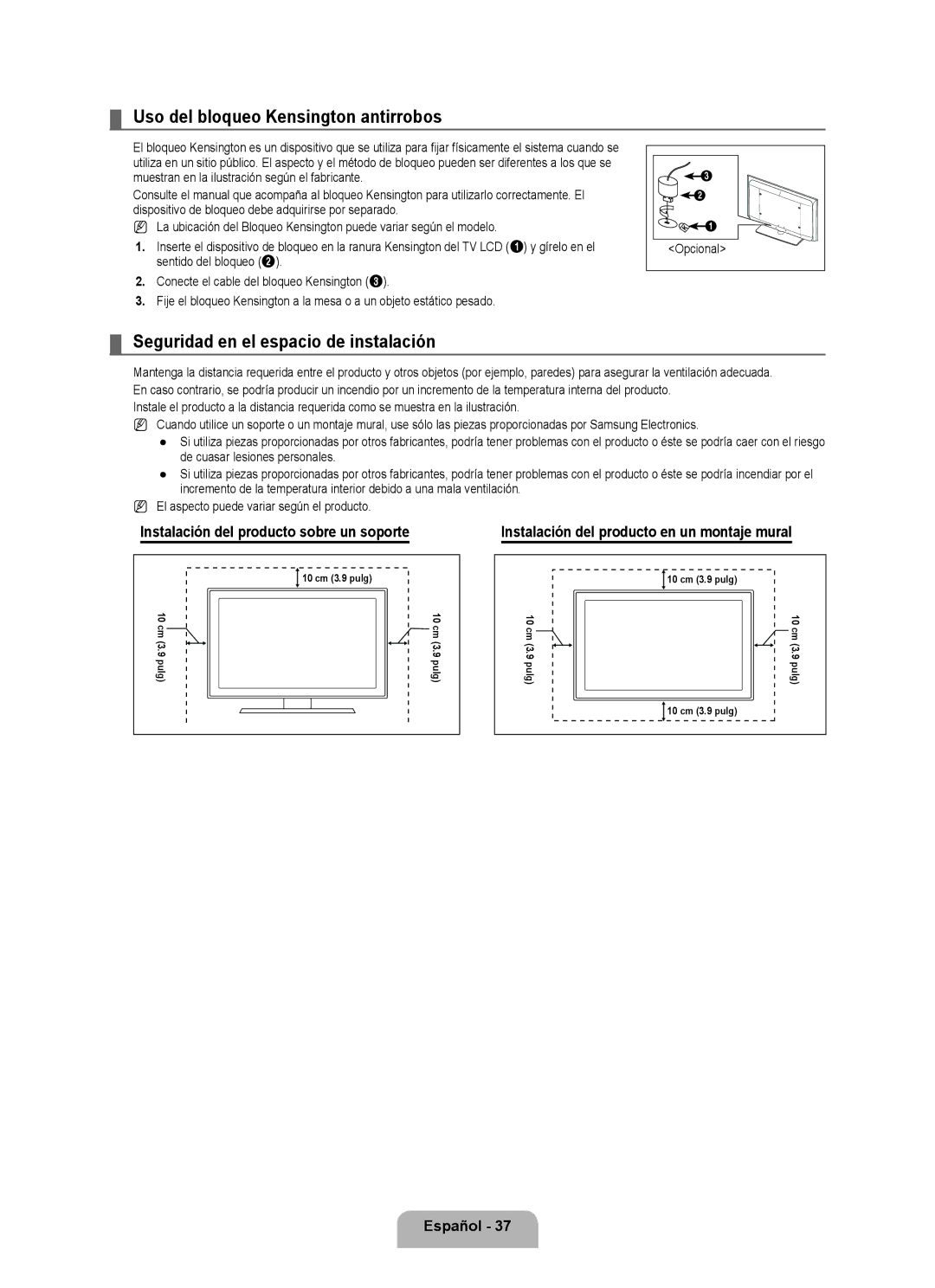 Samsung LN40B500, LN46B500 user manual Uso del bloqueo Kensington antirrobos, Seguridad en el espacio de instalación 