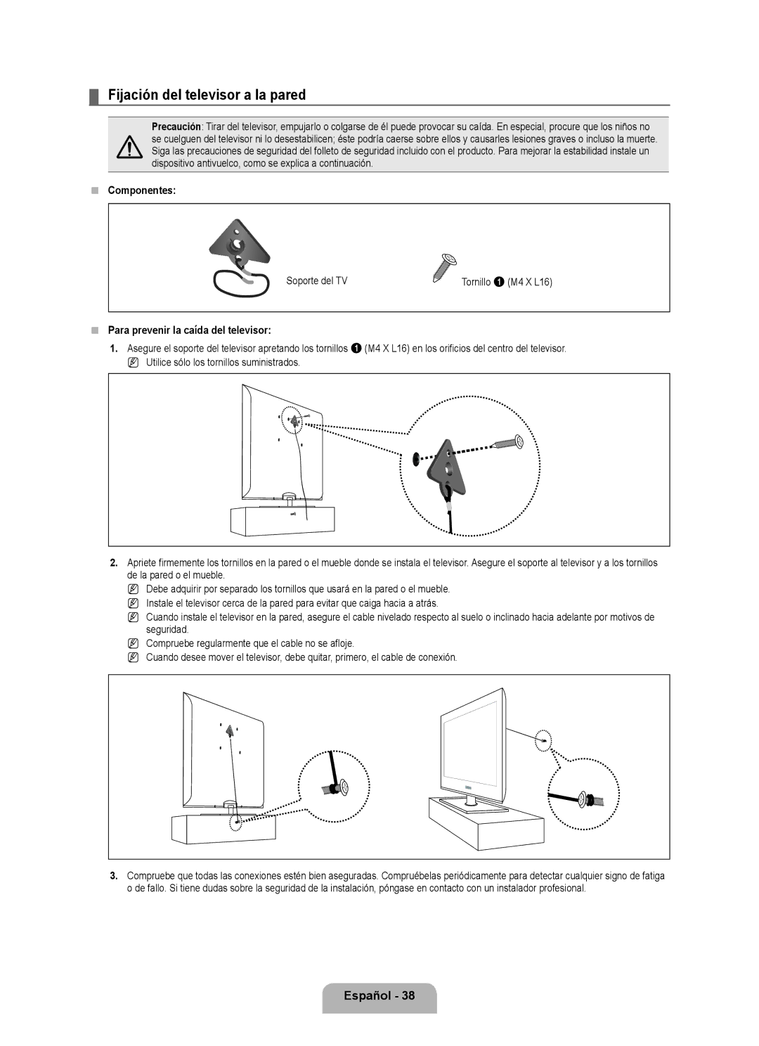 Samsung LN46B500, LN40B500 user manual Fijación del televisor a la pared, Español 8,  Componentes, Soporte del TV 