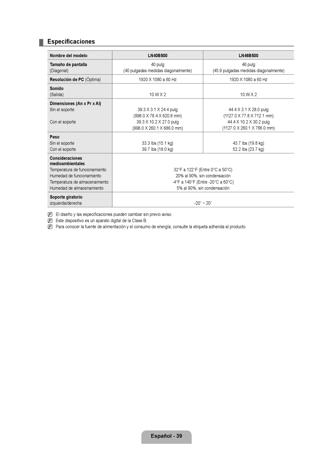 Samsung LN40B500, LN46B500 user manual Especificaciones 