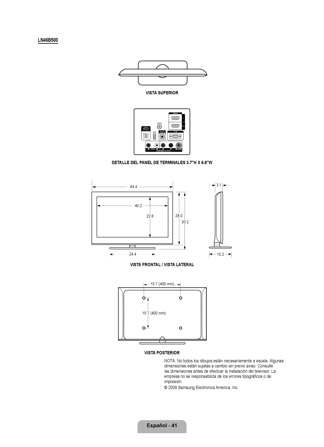 Samsung LN40B500, LN46B500 user manual 44.4 40.2 22.6 24.4 28.0 30.2 10.2 