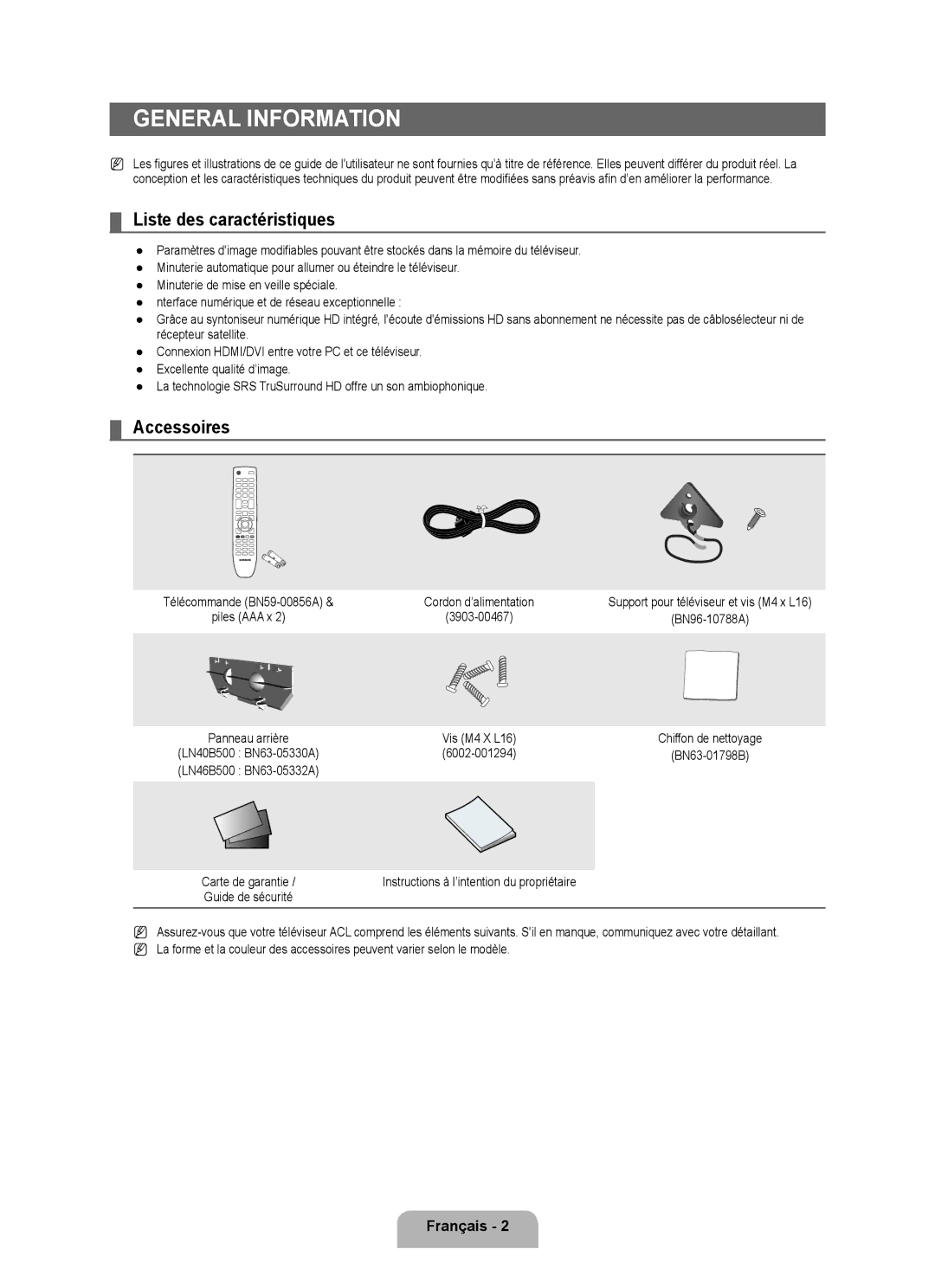 Samsung LN46B500 Liste des caractéristiques, Accessoires, Vis M4 X L16, Instructions à l’intention du propriétaire 