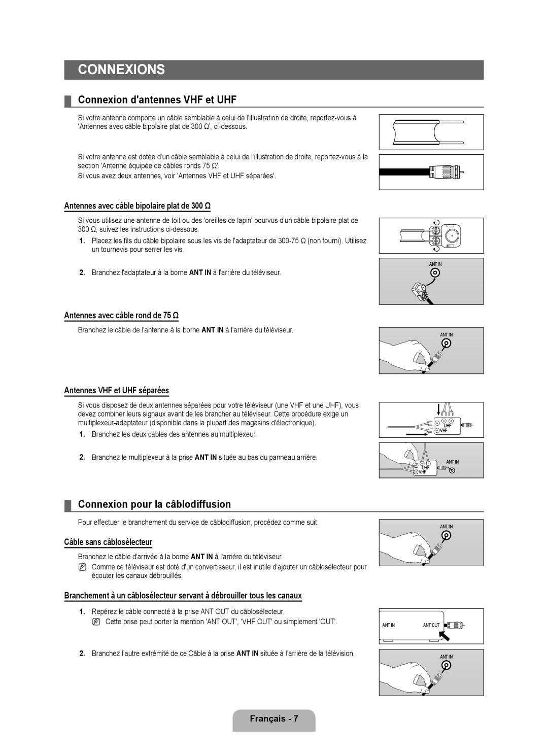 Samsung LN40B500, LN46B500 user manual Connexions, Connexion dantennes VHF et UHF, Connexion pour la câblodiffusion 