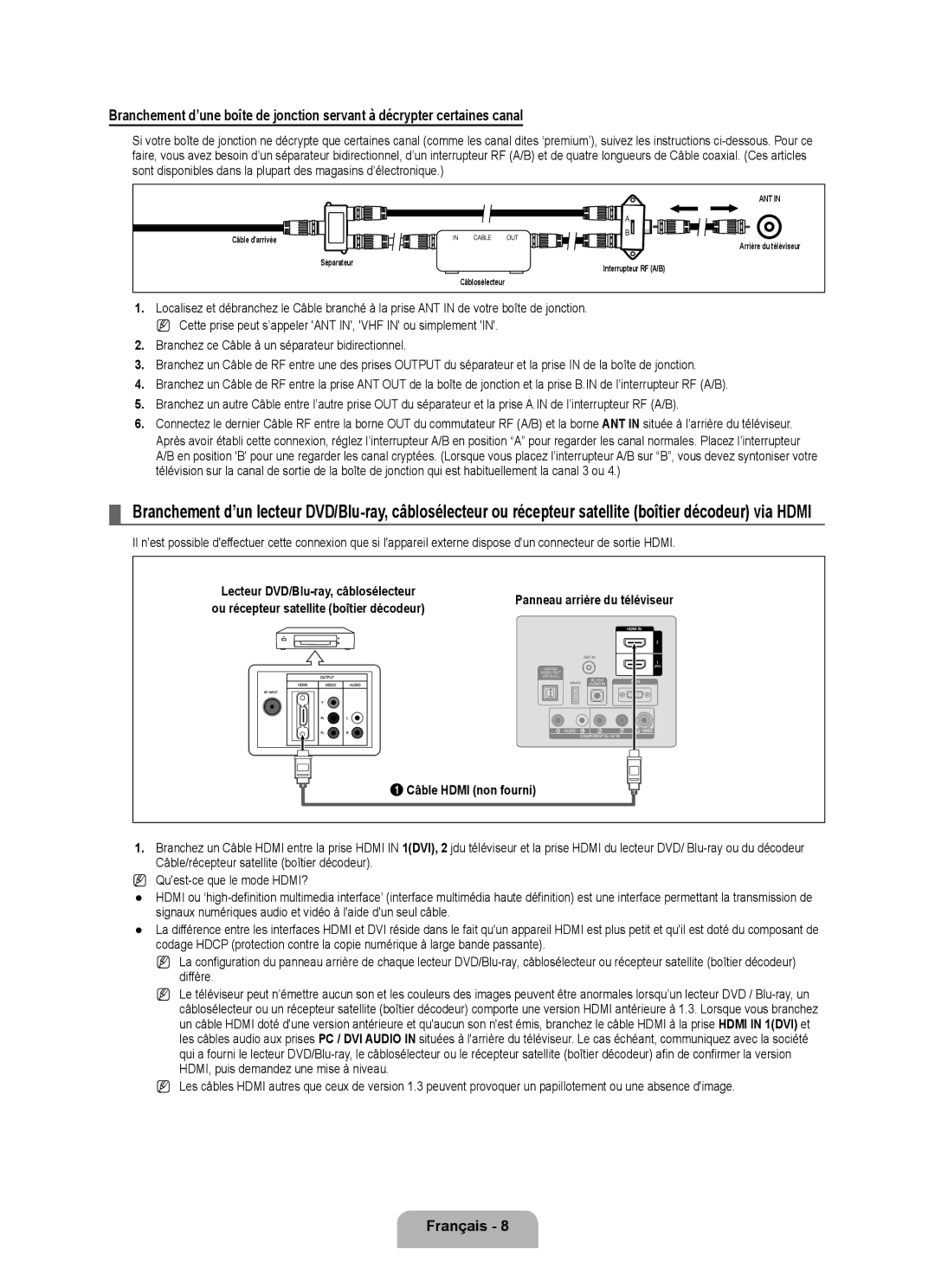 Samsung LN46B500, LN40B500 user manual Câble Hdmi non fourni 