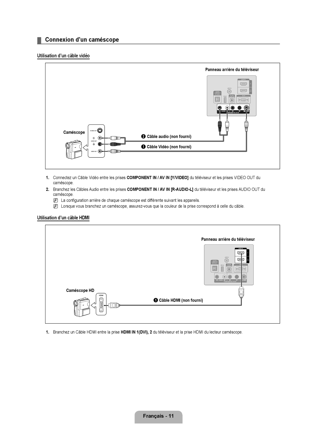 Samsung LN40B500, LN46B500 user manual Connexion dun caméscope, Utilisation d’un câble vidéo, Utilisation d’un câble Hdmi 