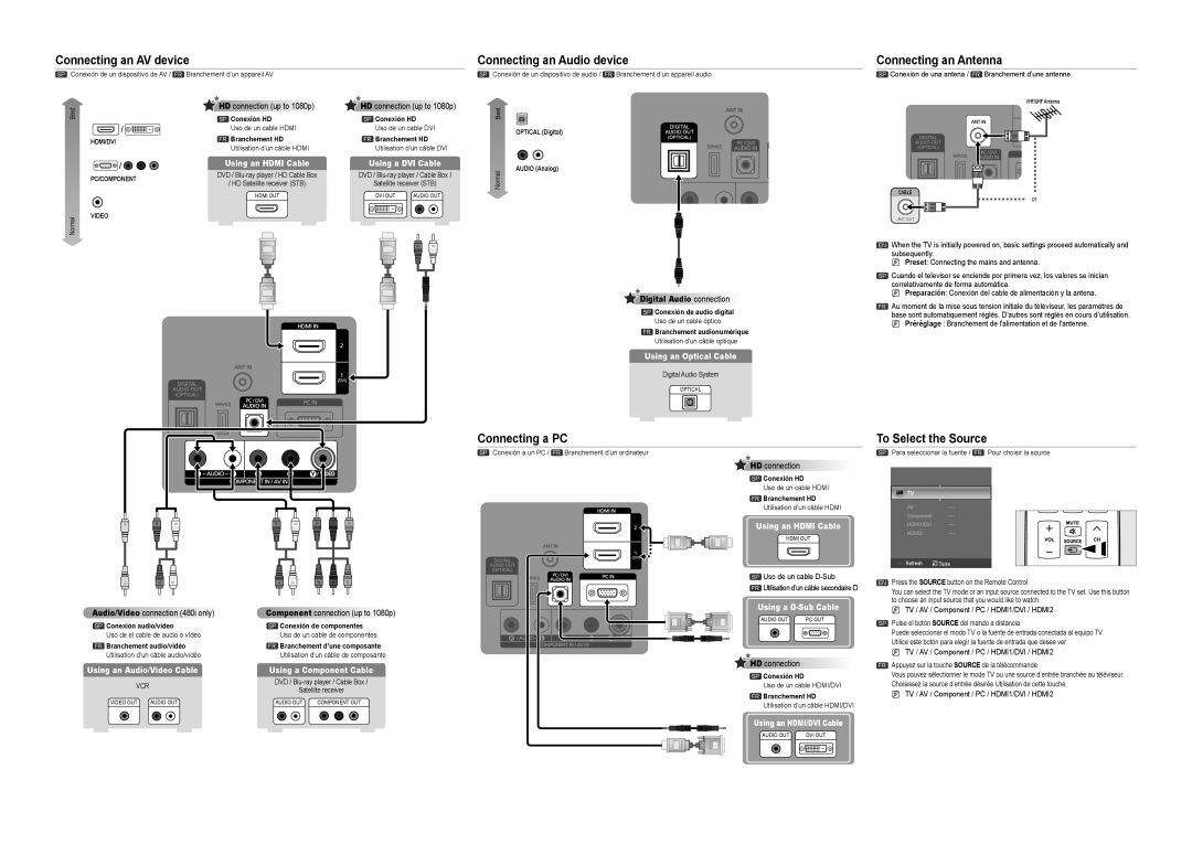 Samsung LN46B500P3F setup guide Connecting an AV device Connecting an Audio device 