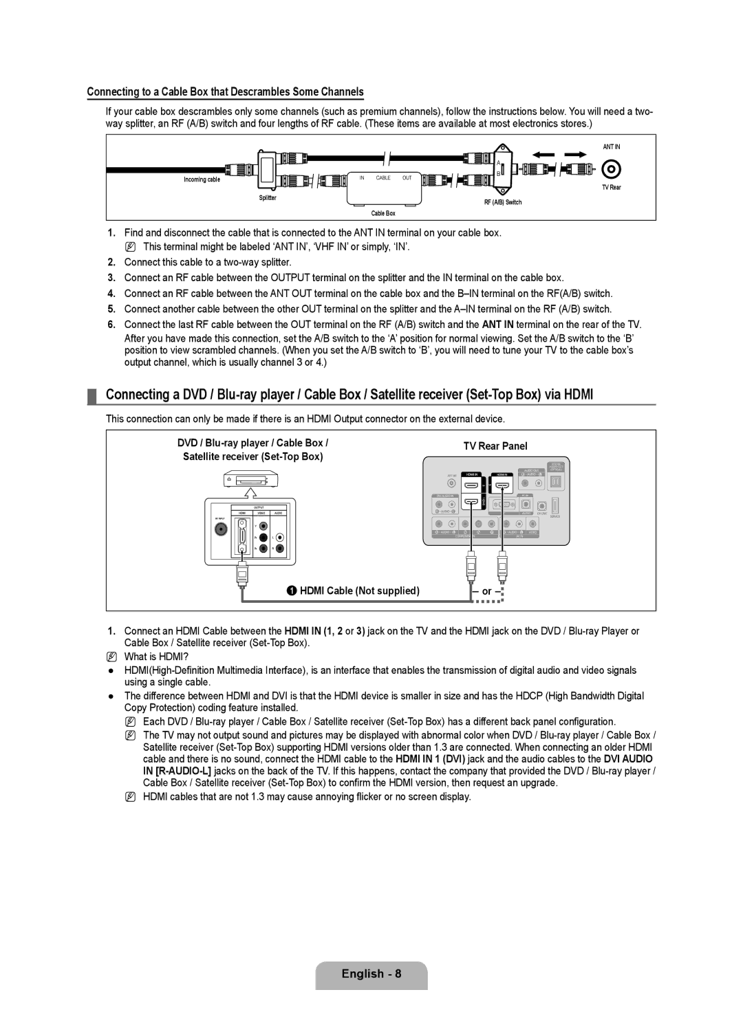 Samsung LN46B530, LN52B530, LN40B530 Connecting to a Cable Box that Descrambles Some Channels, Hdmi Cable Not supplied 