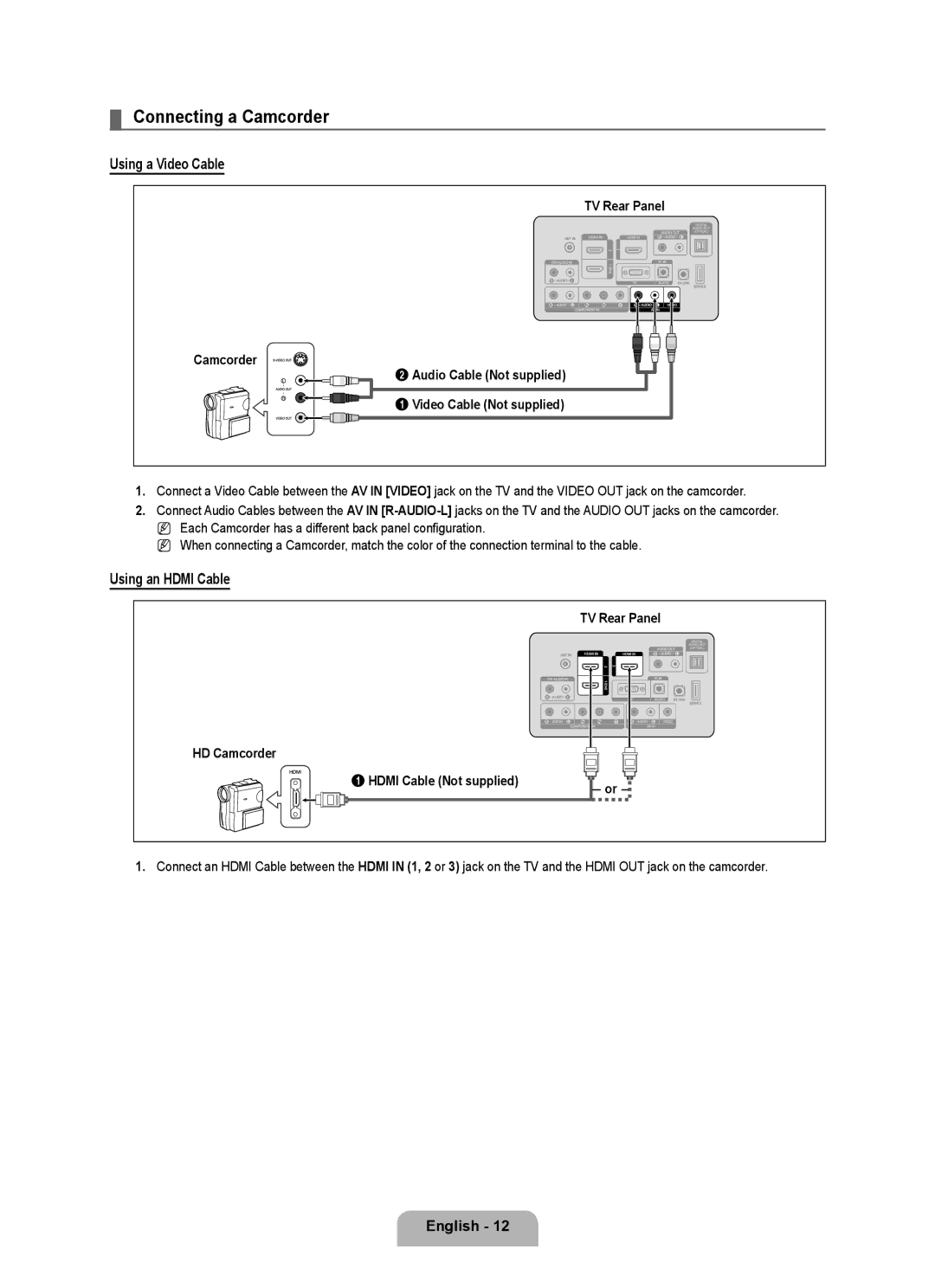 Samsung LN37B530, LN46B530, LN52B530, LN40B530, LN32B530 Connecting a Camcorder, Using a Video Cable, Using an Hdmi Cable 