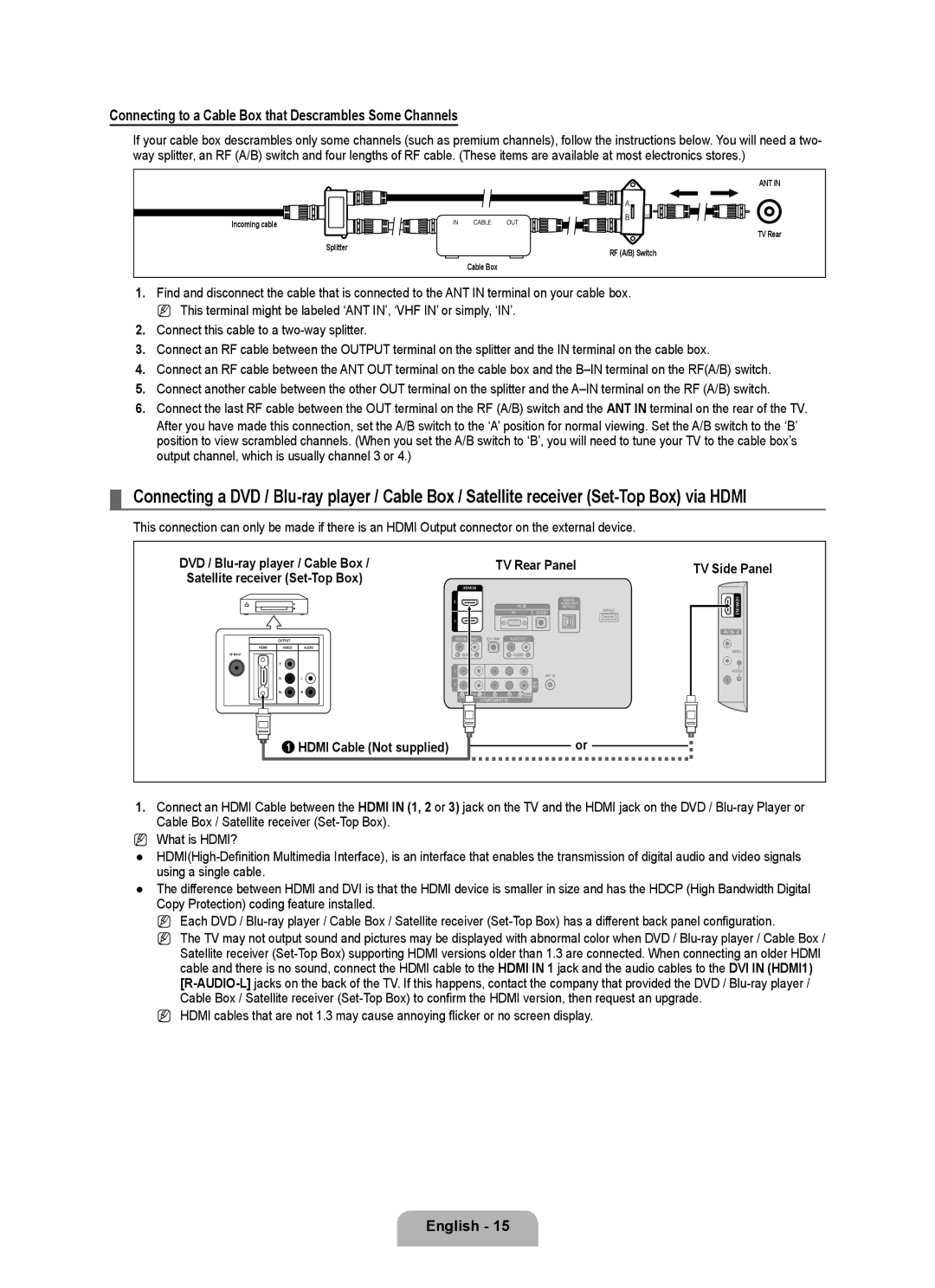 Samsung LN40B530, LN46B530 Connecting to a Cable Box that Descrambles Some Channels, TV Rear Panel Hdmi Cable Not supplied 